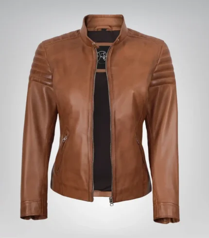 Tan lambskin leather motorcycle-style jacket for women