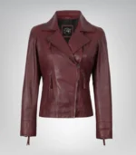Burgundy lambskin leather motorcycle-style jacket for women