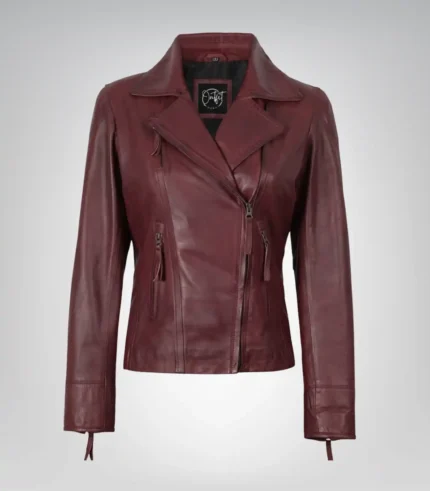 Burgundy lambskin leather motorcycle-style jacket for women