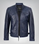 Men’s Blue Waxed Leather Biker Jacket with Quilted Shoulders - Image 2