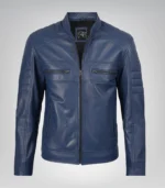 Men’s Blue Leather Motorcycle Jacket - Image 2