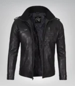 Men’s Black Washed Leather Motorcycle Jacket - Image 2