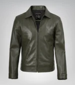 Men’s Olive Green Leather Jacket with Classic Shirt Collar - Image 2