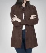 Stylish women’s dark brown suede coat – long button-down leather outerwear