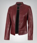 Stylish women’s burgundy leather moto jacket – slim tailored fit