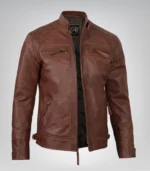 Premium cognac biker jacket for men in genuine leather with quilted detailing