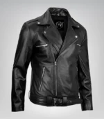 Men’s Negan-style black leather moto jacket with belted waist