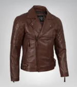 Stylish cognac moto jacket for men with asymmetrical front and modern detailing