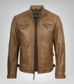 Premium camel brown leather biker jacket for men with quilted design