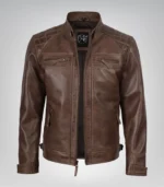 Premium men’s chocolate brown biker jacket with quilted design
