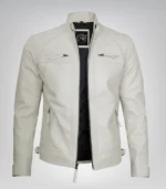Stylish men’s off-white biker jacket with quilted shoulder design