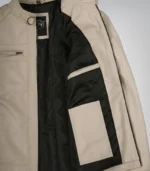 Men’s stylish beige leather biker jacket with quilted design