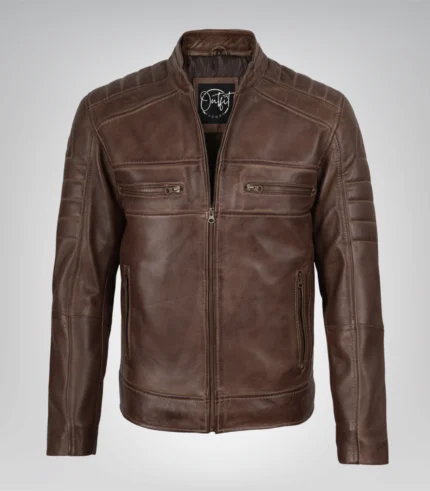Men’s real leather motorcycle jacket in vintage distressed coffee brown