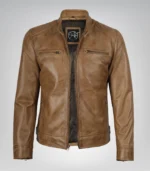 Men’s real leather moto jacket in camel brown color