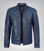 Premium blue leather biker jacket for men, handcrafted design