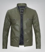 Men’s real leather biker jacket in olive green color