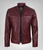 Men’s real leather motorcycle jacket in burgundy biker design
