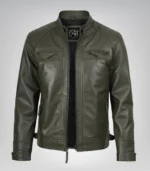 Men’s real leather motorcycle jacket in olive green with quilted shoulders