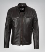Men’s real cowhide leather moto jacket in dark brown