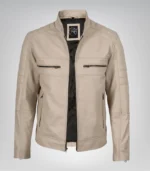 Men’s real leather biker jacket in beige with mandarin neck design