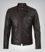 Men’s real cowhide leather biker jacket in dark brown color