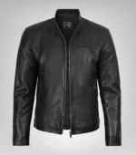 Black real leather men’s jacket featuring classic motorcycle design