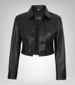 Sleek black leather cropped jacket for women with button fastening