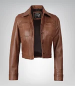 Cognac brown cropped leather jacket for women