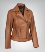 Tan women’s real leather jacket featuring belted waist and asymmetric front
