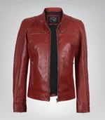 Women’s Luxe Red Real Leather Biker Jacket - Image 3