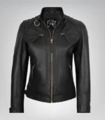 Women’s premium black leather moto-style jacket with gold accents