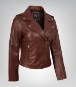 Women’s Distressed Moto-Style Leather Jacket in Cognac - Image 3