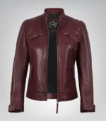 Women’s Burgundy Genuine Lambskin Moto-Style Leather Jacket - Image 3
