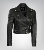 Women’s Black Cropped Moto Jacket with Asymmetrical Front - Image 3