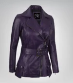 Women’s Purple Real Leather Biker Jacket with Belted Waist - Image 3