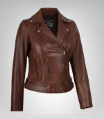 Women’s premium cognac leather moto jacket featuring asymmetrical front