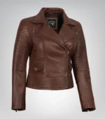 Women’s premium cognac leather moto jacket with asymmetrical design