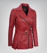 Women’s premium red leather moto jacket with belted design