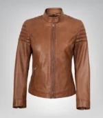 Women’s premium tan lambskin leather motorcycle jacket