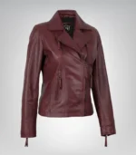 Women’s premium burgundy lambskin leather motorcycle jacket