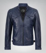 Men’s Blue Waxed Leather Biker Jacket with Quilted Shoulders - Image 3