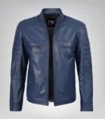 Men’s Blue Leather Motorcycle Jacket - Image 3