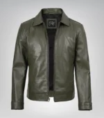 Men’s Olive Green Leather Jacket with Classic Shirt Collar - Image 3