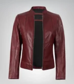 Slim fit burgundy leather jacket for women – premium lambskin moto outerwear