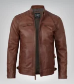 Stylish men’s cognac leather moto jacket with quilted shoulder accents