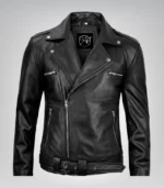 Asymmetrical zip black leather motorcycle jacket for men in Negan style