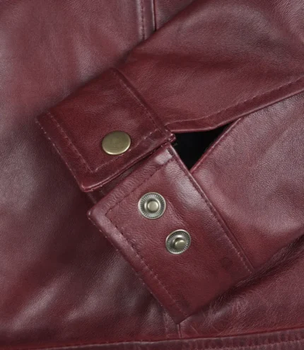 Classic shirt-collar men’s burgundy leather Harrington jacket