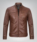 Stylish men’s cognac brown moto jacket in real leather