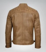 Stylish men’s camel brown moto jacket with quilted shoulder accents