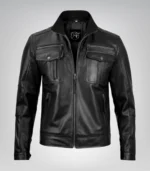 Men’s premium-quality tailored leather biker jacket in black